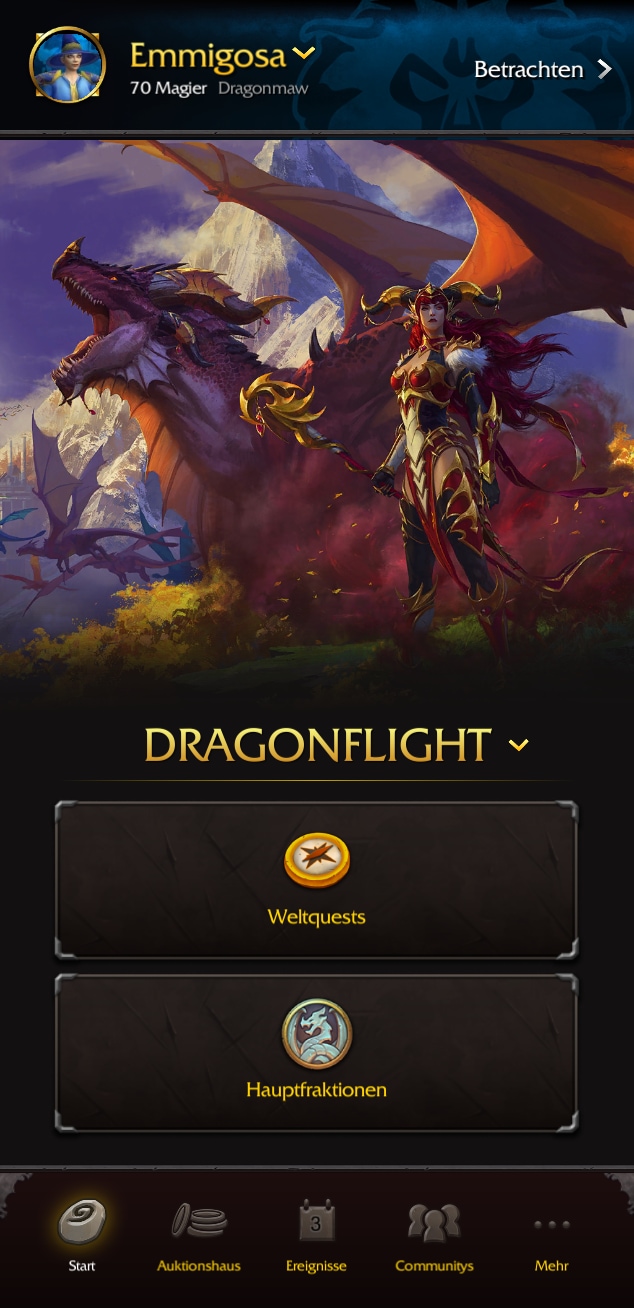Benutzeroberfläche der Erweiterung Dragonflight mit Auswahl zwischen Weltquests und Hauptfraktionen