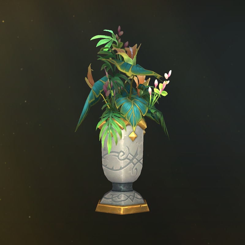 Tropische, mehrfarbige Pflanzen in einer weißen Vase.