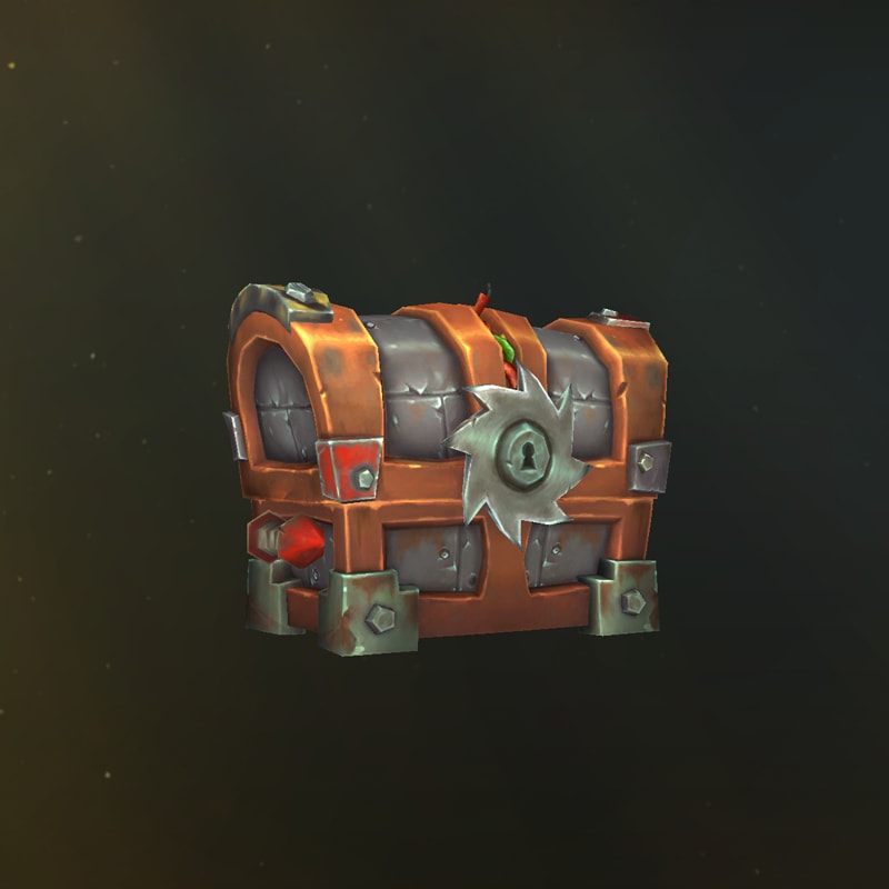 Eine metallene Schatzkiste, um dessen Schlüsselloch ein Sägeblatt angebracht ist.