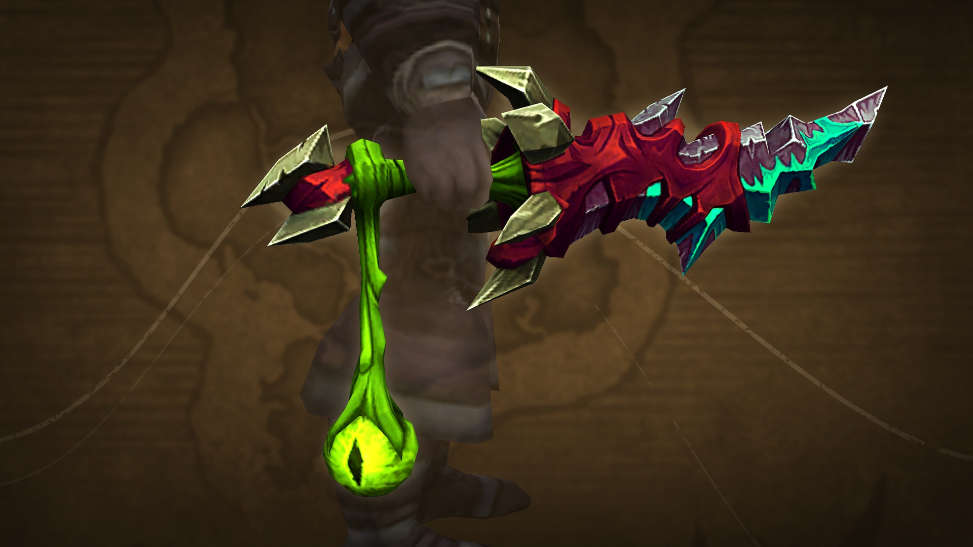 red jagged tooth dagger with blue at the tip and fel green wrap hilt with a green eye hanging down