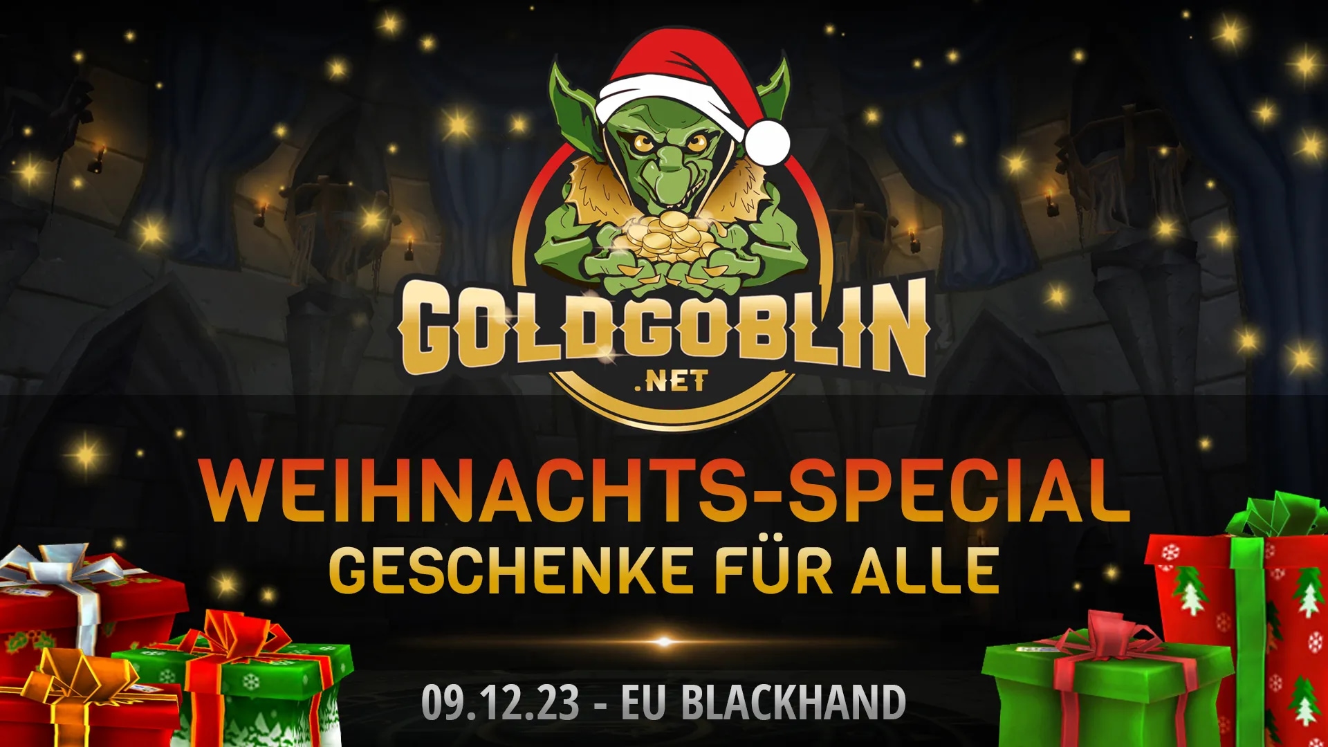 Goldgoblin logo that says-- Christmas special - presents for all- 9-12-23- EU Blackhand
