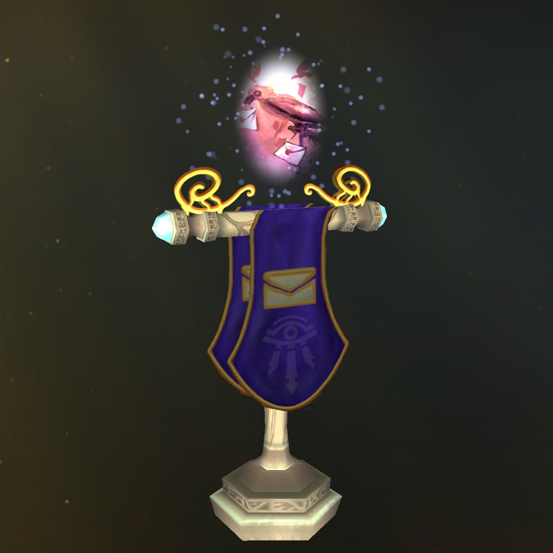 Ein Ständer mit zwei Armen und einem Stoffbanner, auf dem ein Post-Symbol sowie das Symbol von Dalaran zu sehen sind. Darüber schwebt ein kleines Post-Portal.