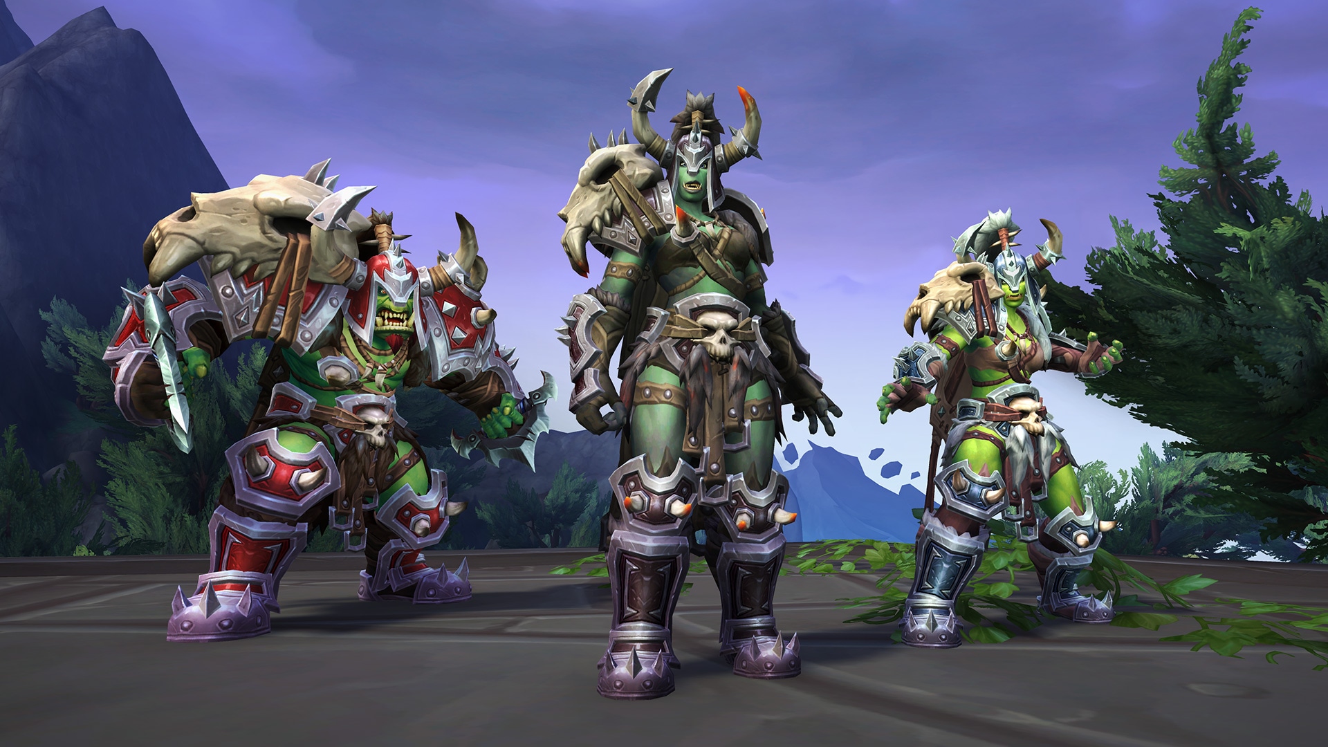 Three variations of Orc Armor. (Left to Right) Large Skull on Right Shoulder red plate style armor, brown armor, and blue armor.Each with horn variations on the helms and belt variations.
