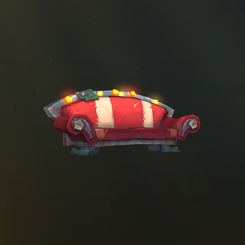 Ein rot-weiß gestreiftes Goblinsofa mit Lichtern an der oberen Kante der Lehne