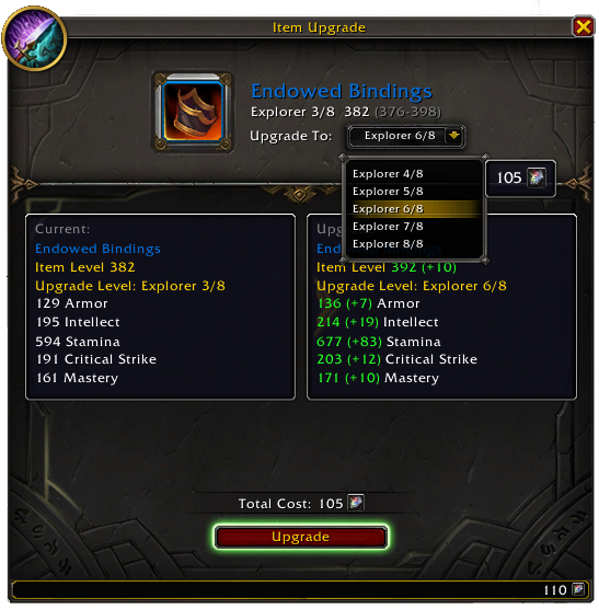 User Interface Showing Endowed Bindings, the stats with upgrade, and the available upgrade levels along with costs
