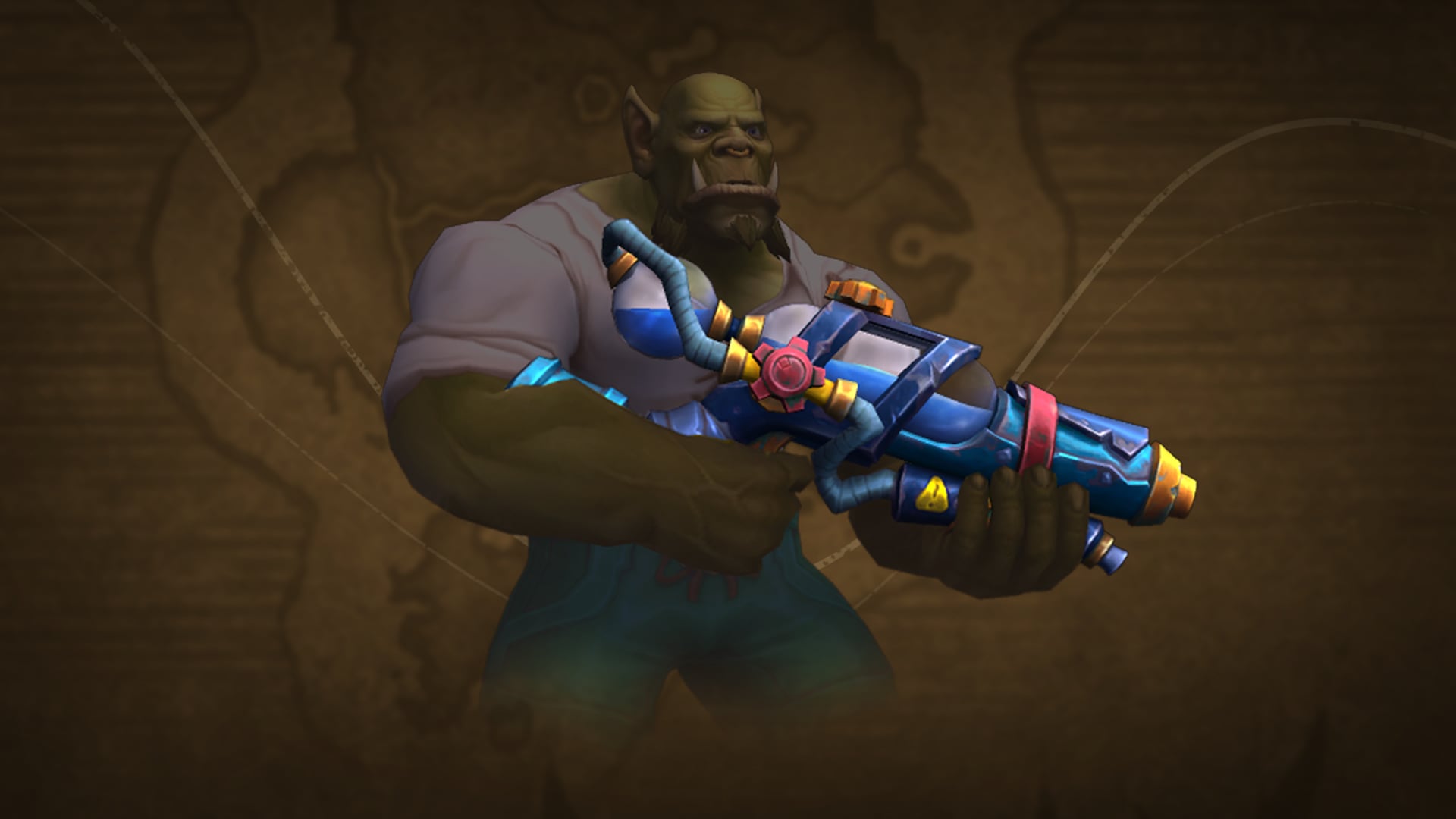 Ork mit Sonnenbrille, der eine blaue große Wasserpistole mit bunten Details in der Hand hält.