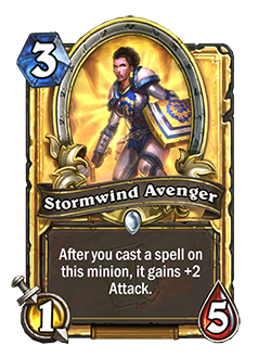 Stormwind Avenger is a 3 mana 1/5 common paladin minion that reads after you cast a spell on this minion, it gains +2 attack.