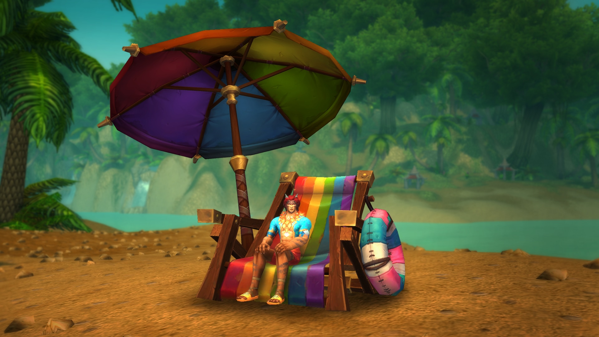 Cadeira de praia e guarda-sol nas cores do arco-íris
