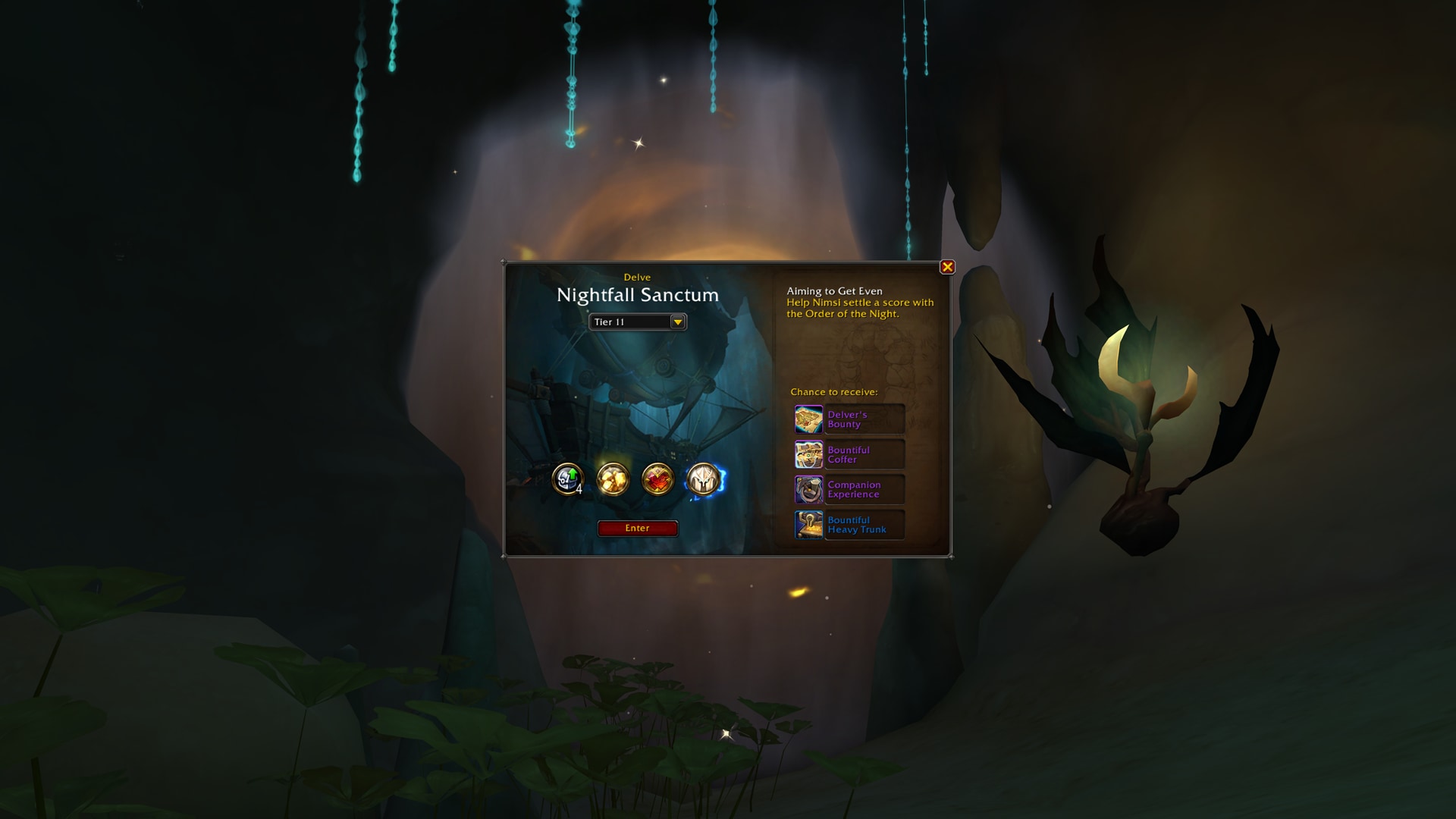Delve UI with tier selection, objective, rewards and bonuses icons