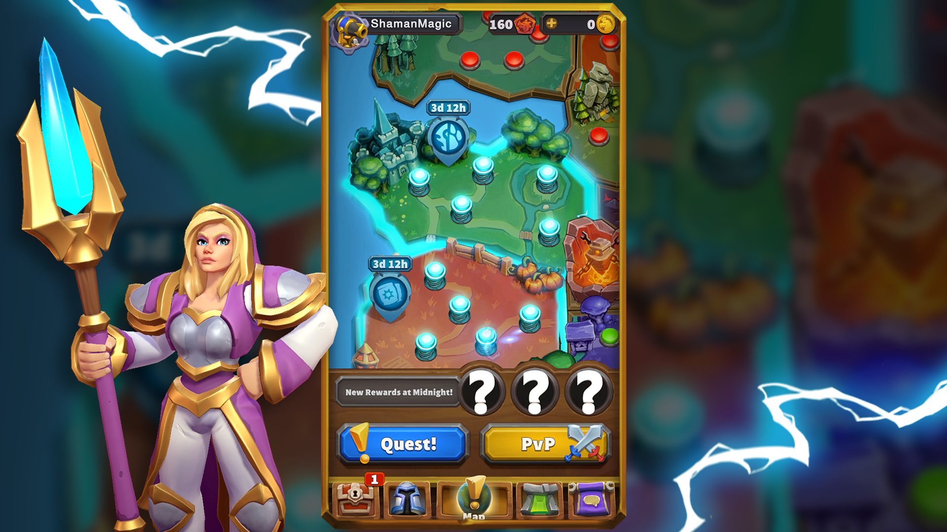 Jaina et l’interface mobile du jeu montrant une carte de la Déferlante d’Arclight, avec deux zones en surbrillance bleue.