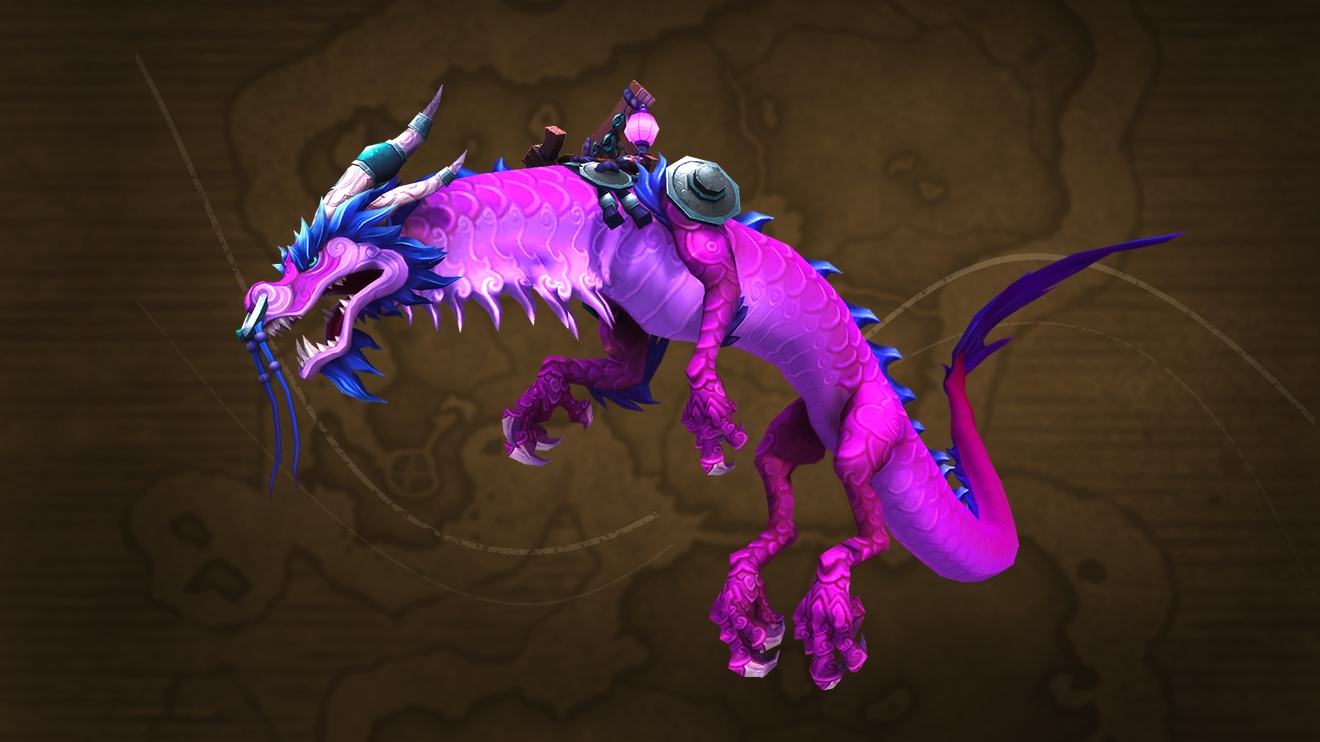 Un dragón nimbo de color fucsia brillante con el lomo, los volados y la punta de la cola de color azul