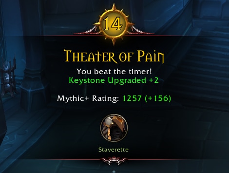 Reward UI showing a Keystone UPgrade and Increase for Mythic+ Rating Earned