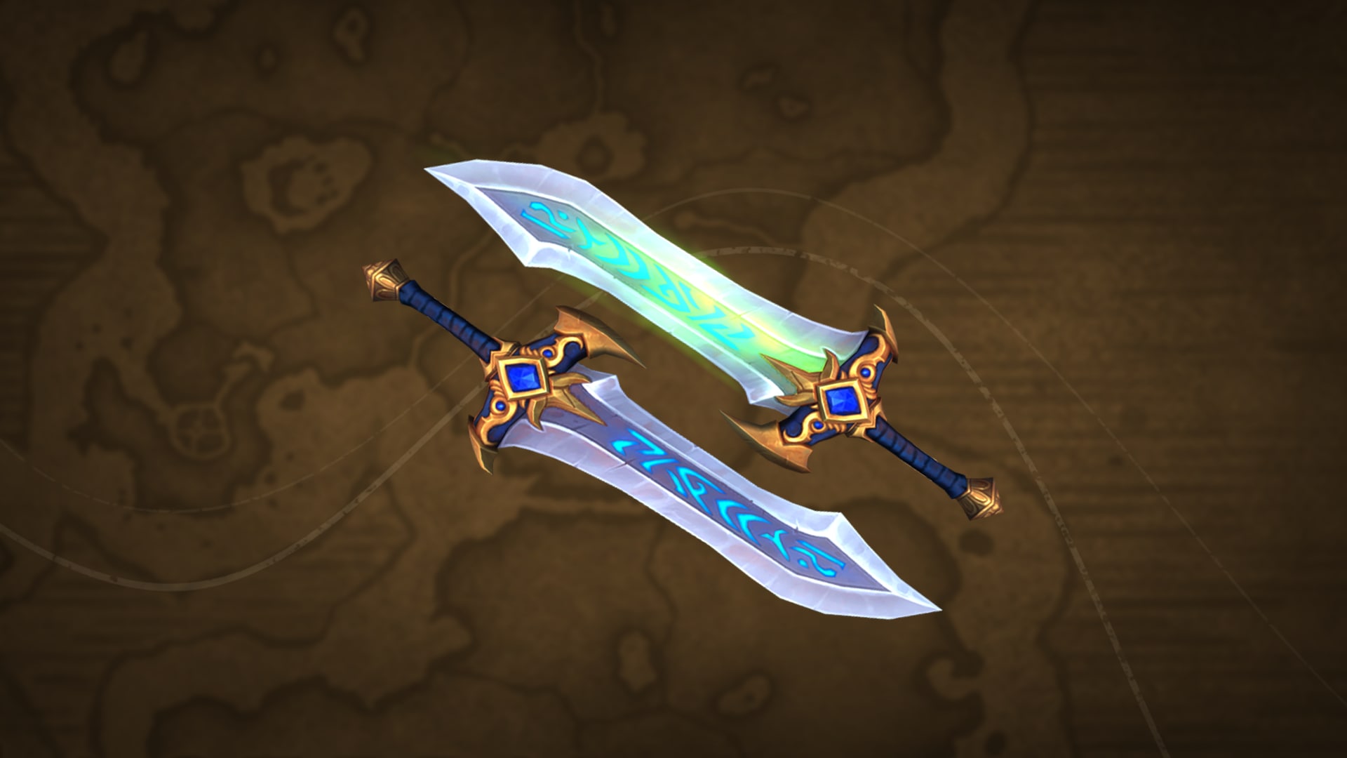 Silver blades with blue runes, blue pommel, and gold filigree metal fittings