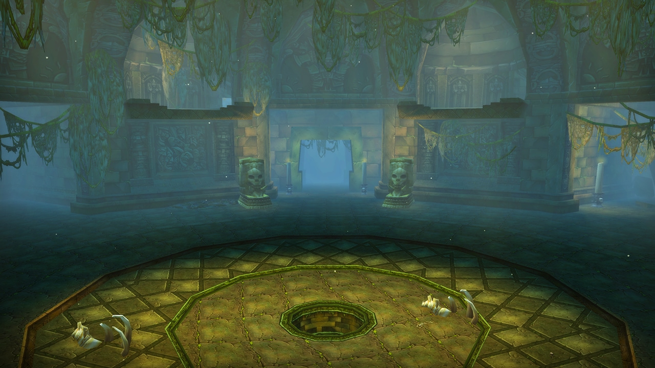 沉沒的神廟中的空蕩大廳，中央有一口井