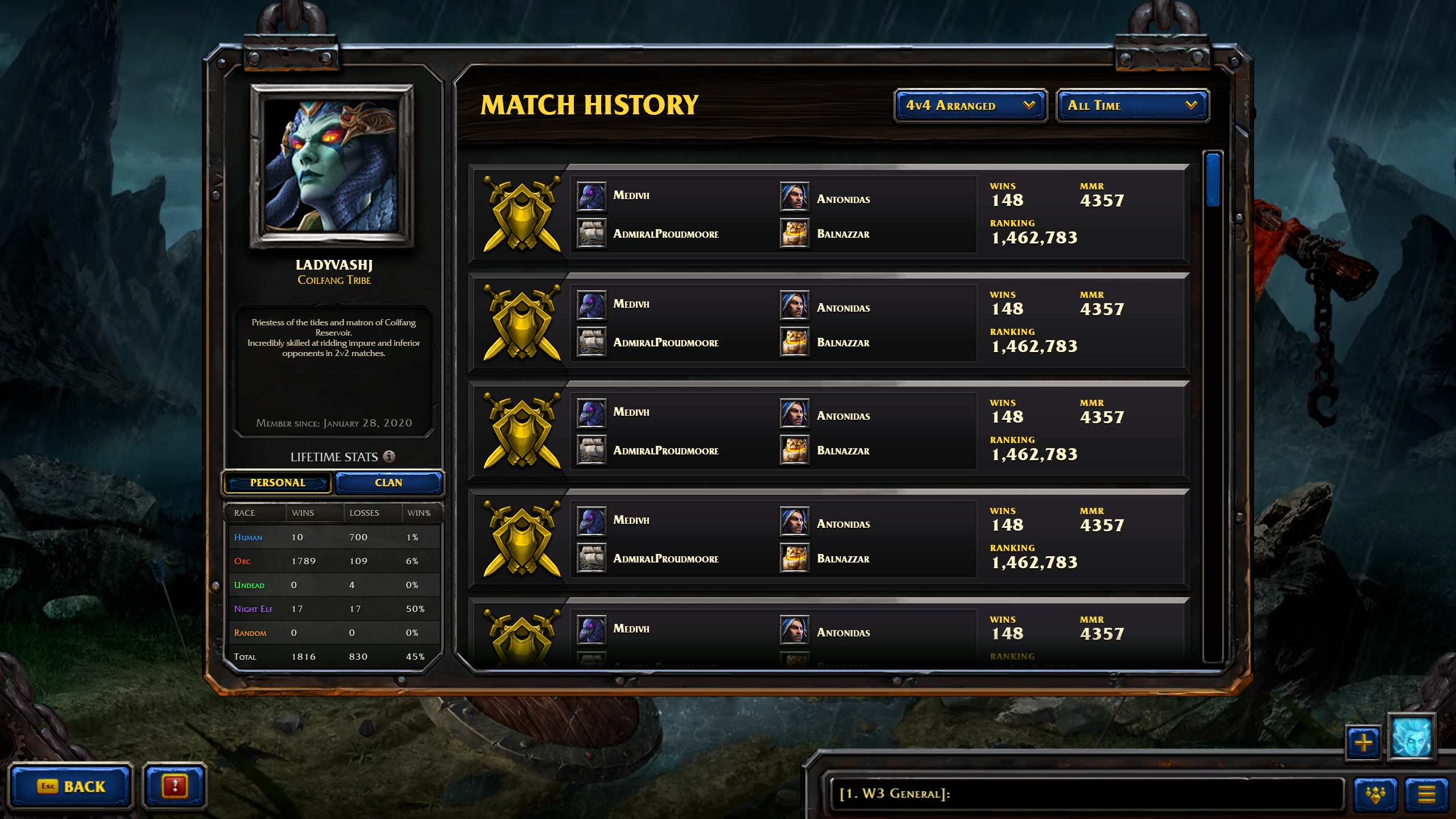 Work in Progress 4 Versus 4 Match History Screen