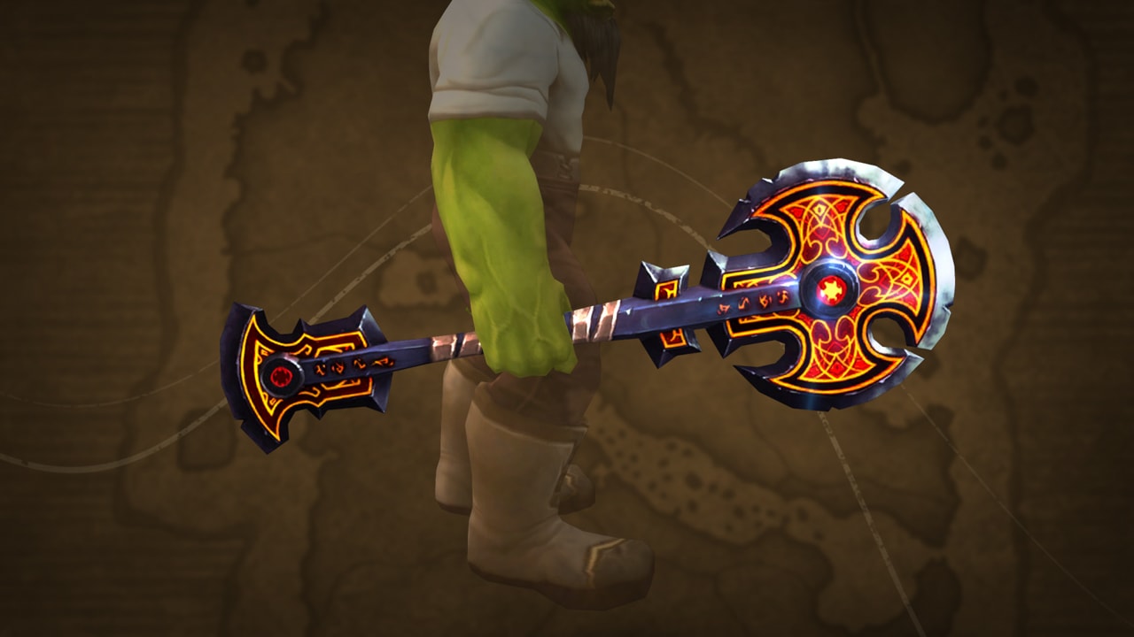 Long rounded axe with scroll work and flame detailing
