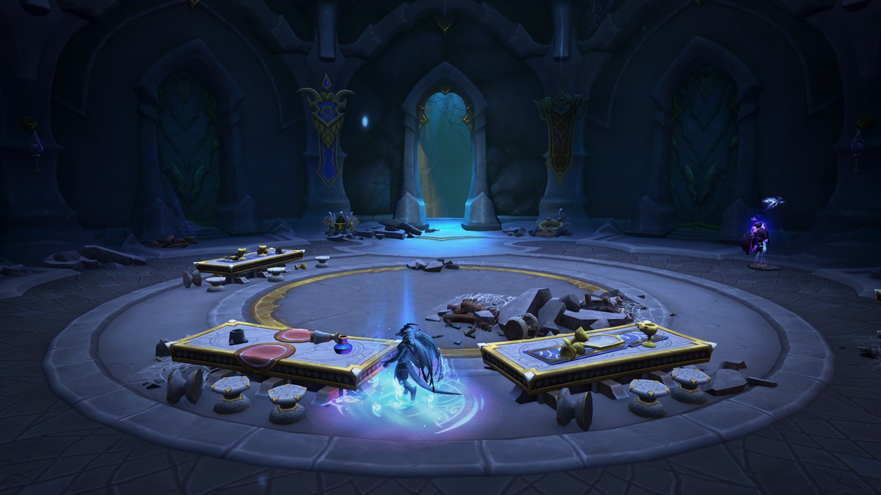 An image of a large chamber filled with tables and chairs, and a dracthyr