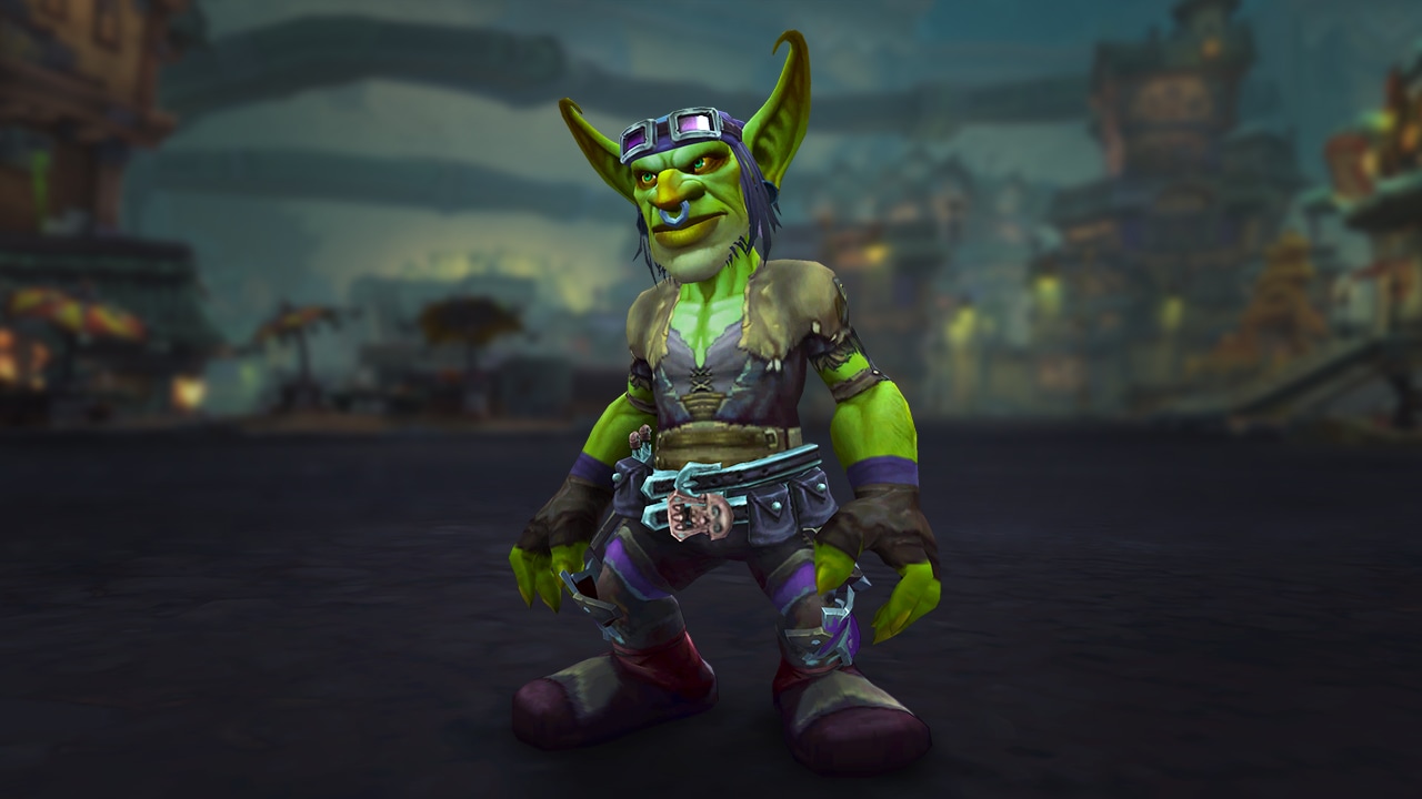 A green goblin with a silver nose ring and wearing mechanic-style gear