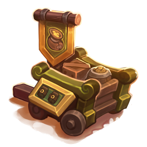 The Merch Cart has a little flag with a bag of gold on it. It's wooden, with wheels and some handles for pushing. Looks like it's full of packages and loot!