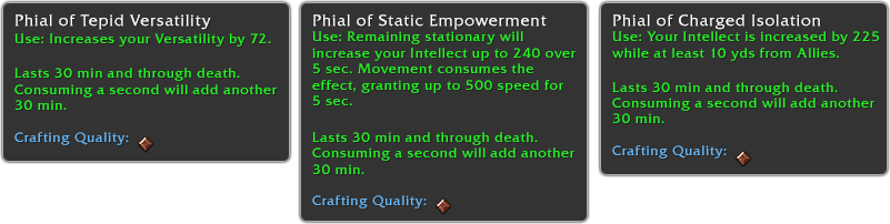 Tooltips for Phial of Tepid Versatility, Phial of Static Empowerment, and Phial of Charged Isolation 