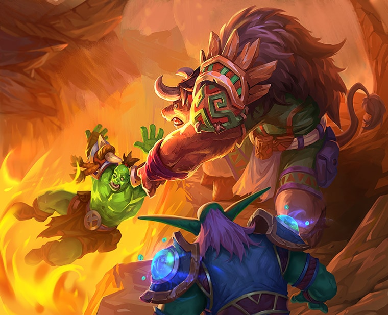 Dont Stand In The Fire full art depicts a Tauren lending an orc a handle after the Orc has fallen off the ledge, almost into a fiery pit below!