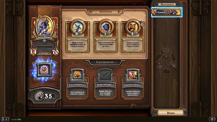 You can upgrade your Mercs in the Tavern, shown here. It closely resembles the Hearthstone Collection Manager for constructed.
