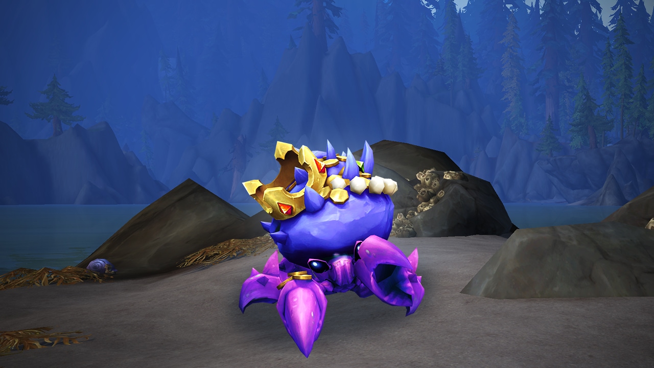 A purple and gold crab with a crown on its head.