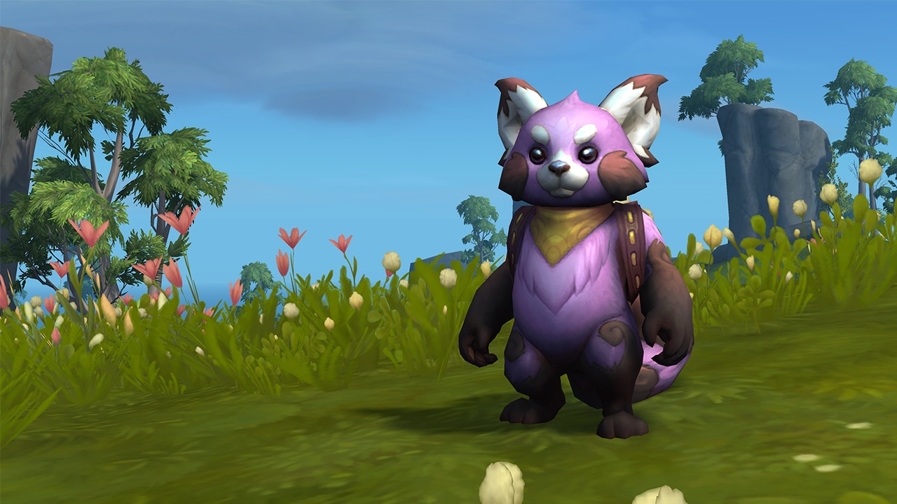 Purple Panda standing in a field of flowers