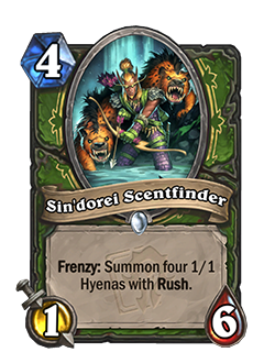 Sindorei Scentfinder is a 4 mana 1 attack 6 health hunter common minion with card text that reads Frenzy summon 4 1/1 Hyenas with Rush.