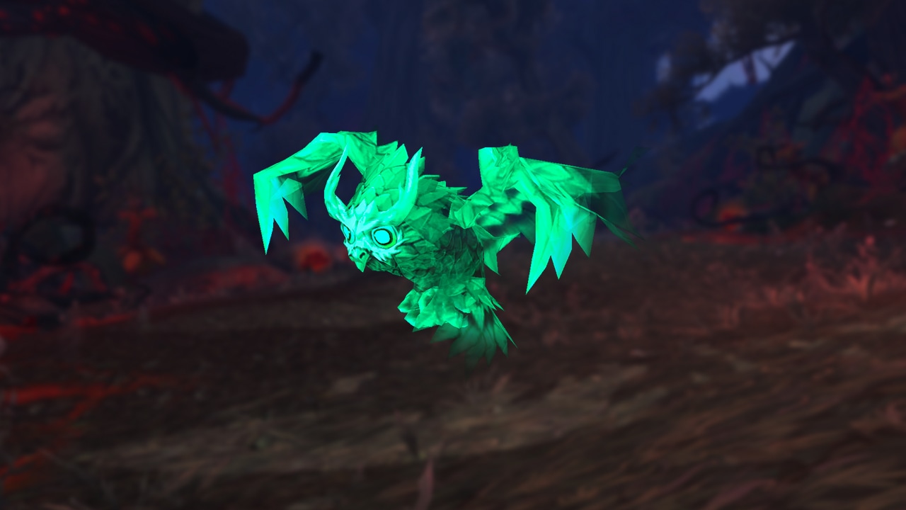 A green glowing owl hovering in the dark