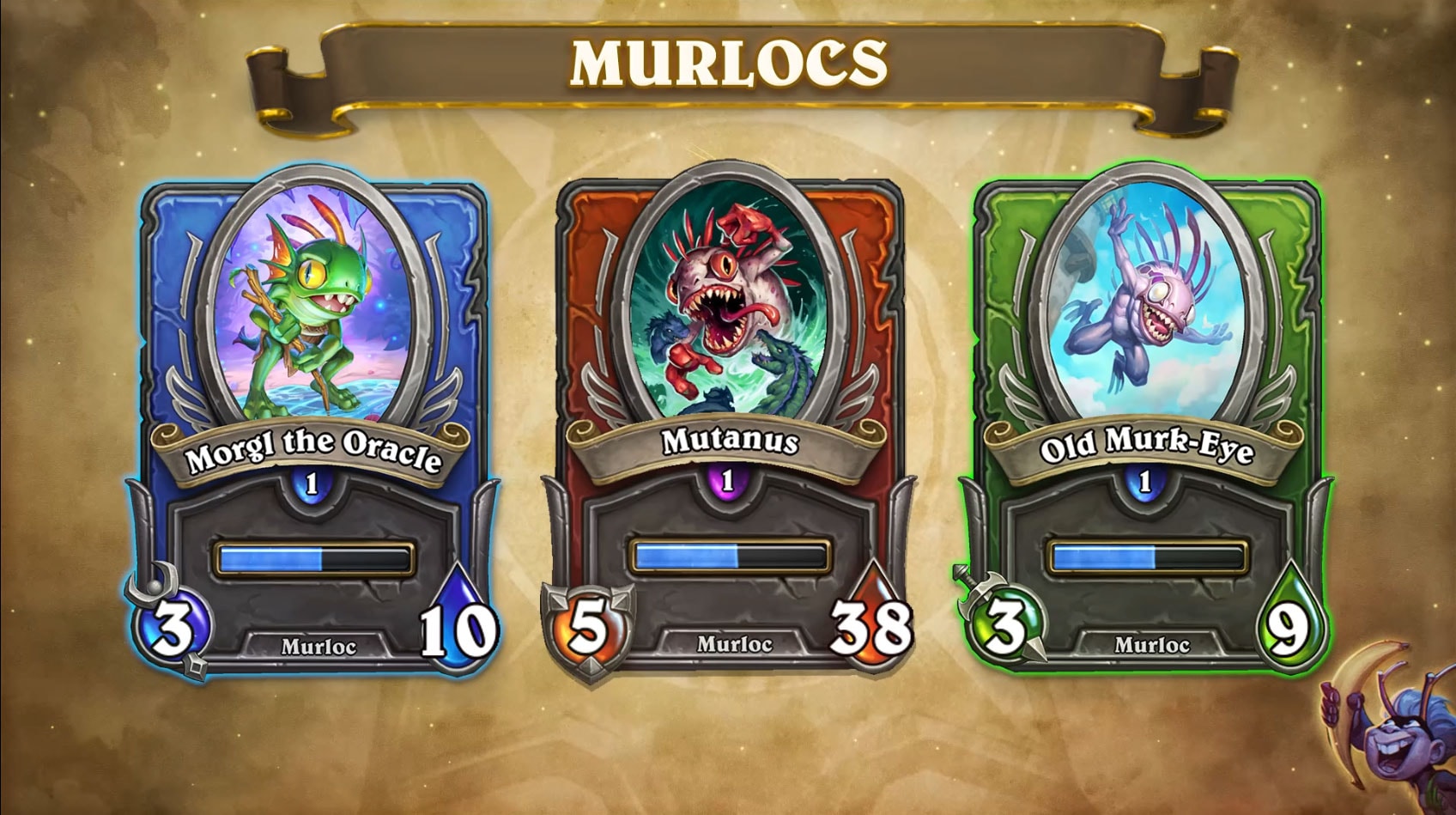 Murlocs are an example of a minion-type synergy. Morgl the oracle, Mutanus, and old-Murk eye are shown as caster, protector, and fighter respectively (all stats shown on Mercs today are not final).