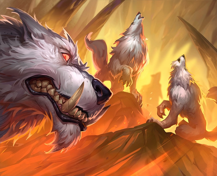 Full art for Furious Howl features 3 wolves within Onyxia's lair, howling.