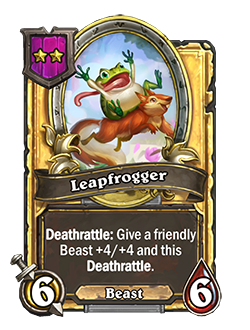 Golden Leapfrogger health and attack are double, card text reads Deathrattle: Give a friendly Beast +4/+4 and this Deathrattle.