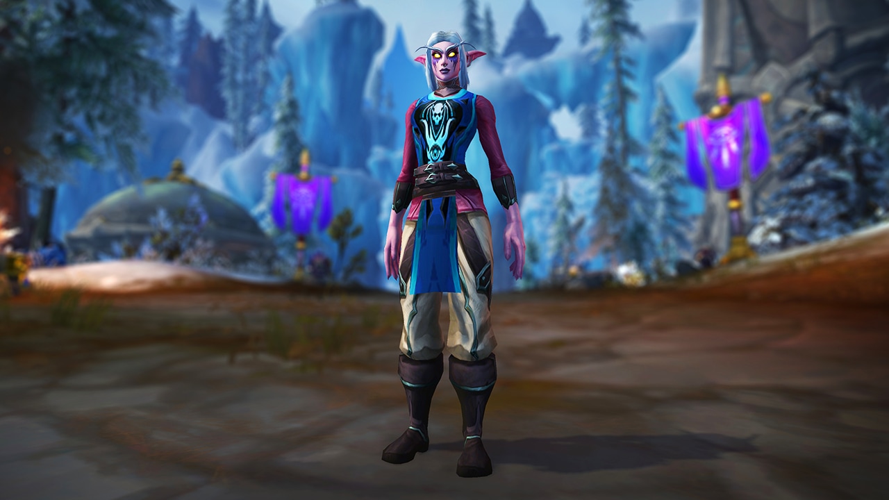 A night elf wearing a blue tabard