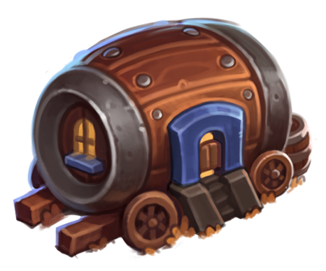 The Tavern is shaped like a barrel on its side, only it has windows and a front door. It also has wheels.