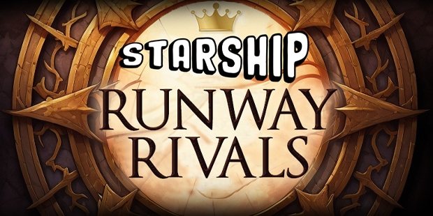 Starship Runway Rivals text and logo on a compass with a crown above the word Starship