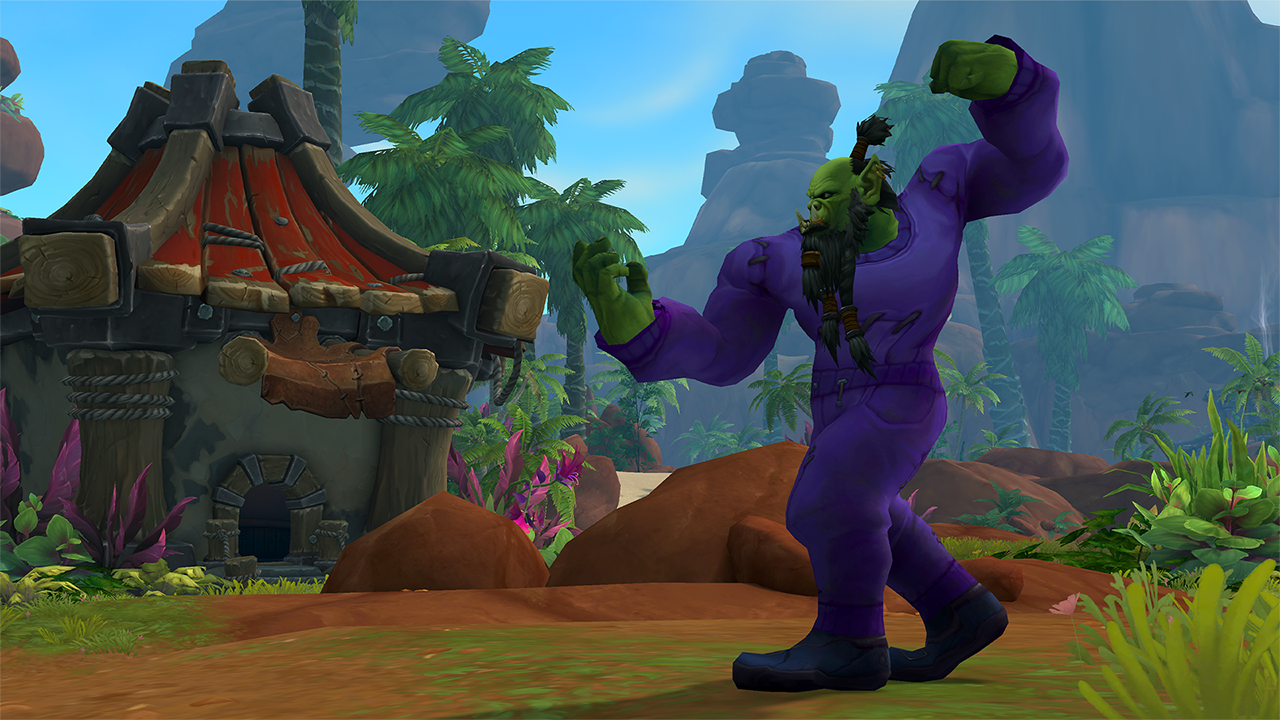 A green orc flexing while wearing a purple shirt and matching pants
