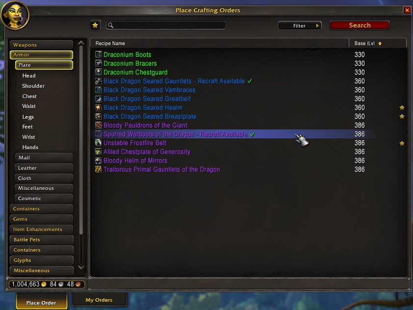 UI of Placing a crafting order List