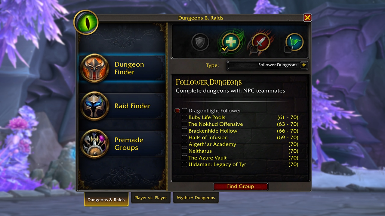 group finder interface showing the Follower Dungeon Dropdown with the available dungeons