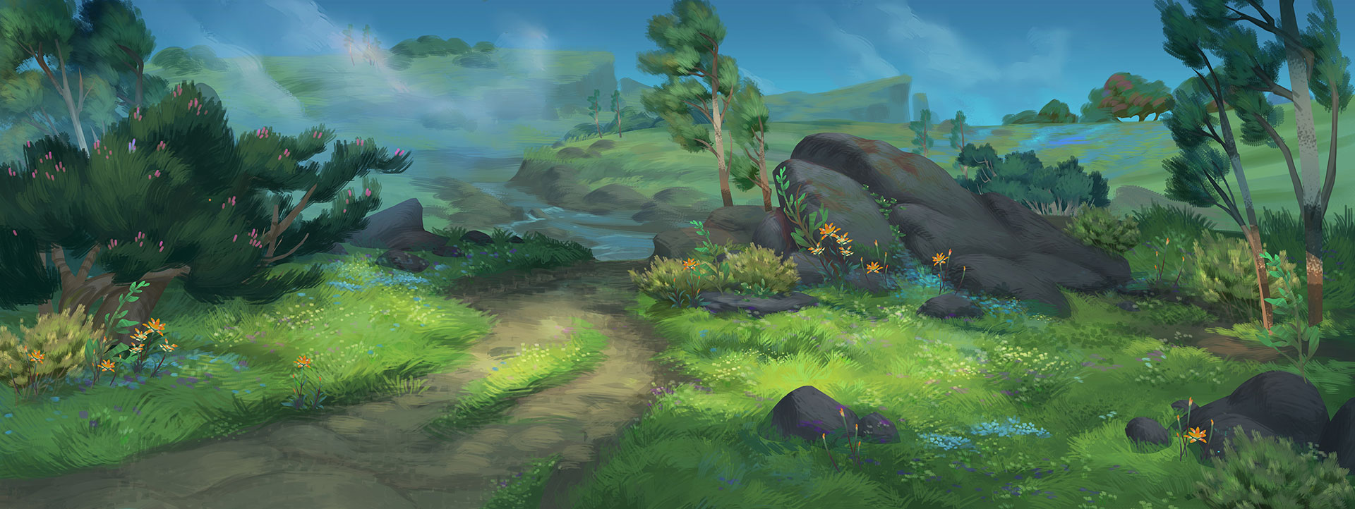 Environment art of the lush green Ohnahran Plains from WoW: Dragonflight