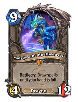 Malygos the Spellweaver is a legendary 9 cost 4 attack 12 health neutral dragon minion that reads battlecry draw spells until your hand is full
