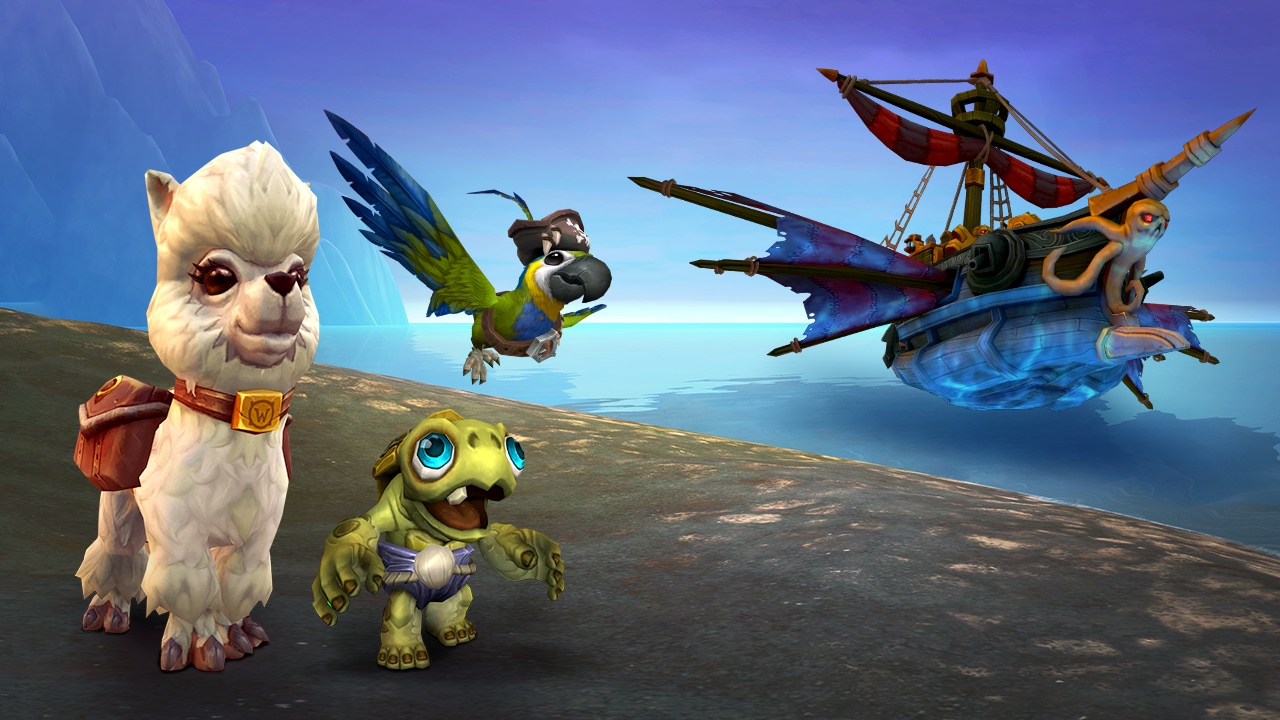 Dottie pet standing on the beach with Cap'n Crackers flying above Tottle the baby tortollan's head, with the Dreadwake mount flying just above the water to behind and to the right of them.