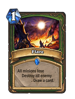 The card text now reads, "All minions lose [blank]. Destroy all enemy [blank]. Draw a card.