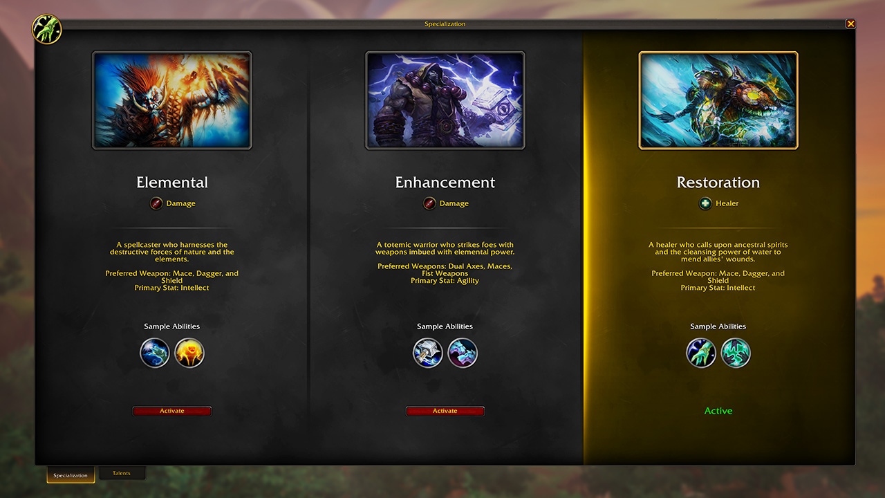 Interface for the three Shaman specializations, with the Restoration specialization selected.