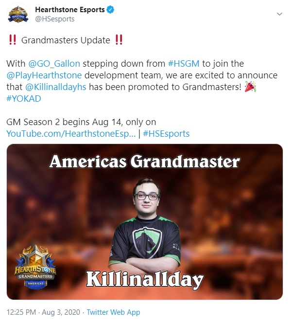 Publicación de HSEsports en Twitter que anuncia que Killinallday reemplaza a Gallon en las Américas para el Grandes maestros