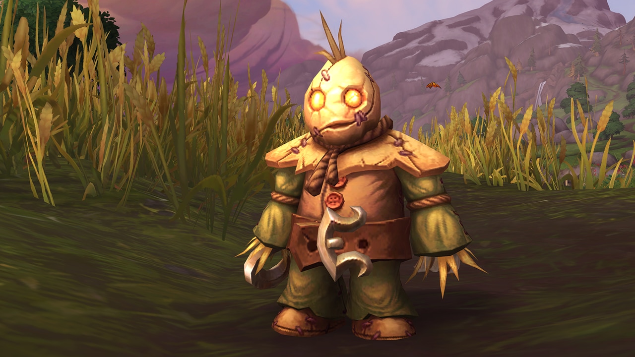 Ichabod the harvest golem pet stands on a field with a puzzled look.