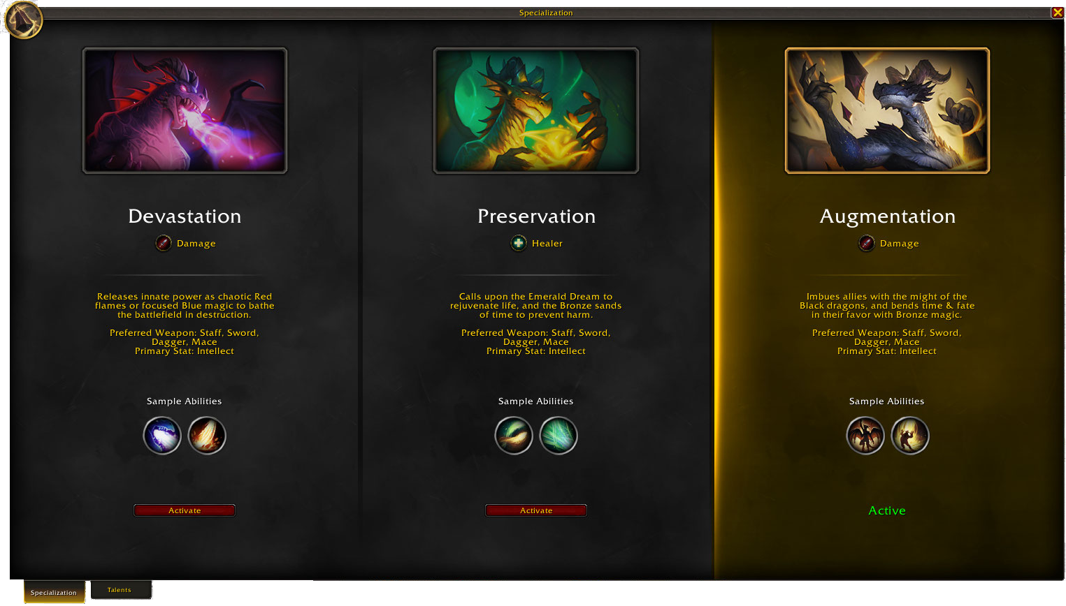The specialization selection screen, with the new third specialization (Augmentation) highlighted.