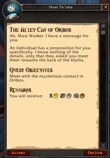 A quest log window with Quest Text enabled, sporting a bright tan background that emphasizes the black text scrawled upon it.