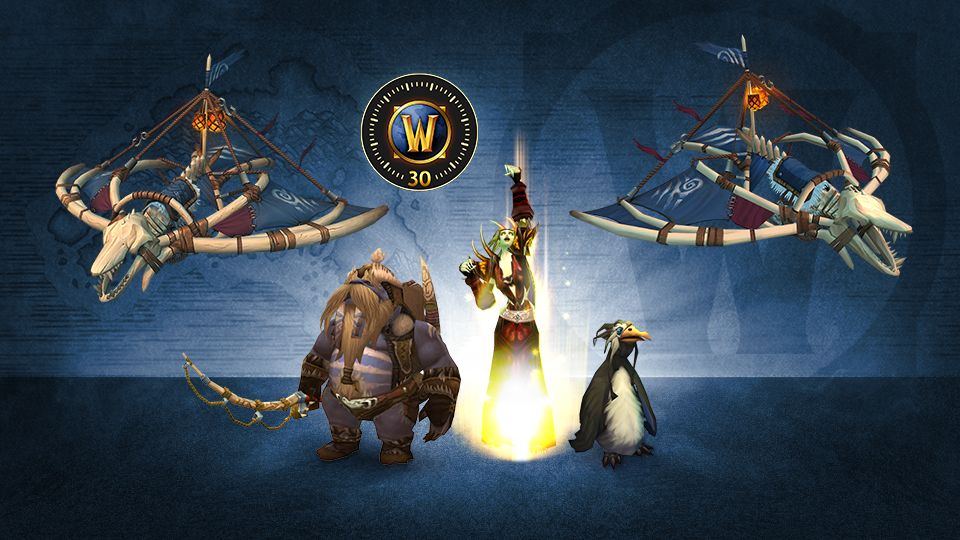A forsaken character receives a character boost, around her a tuskarr companion, a penguin, two flying mounts and a floating WoW logo
