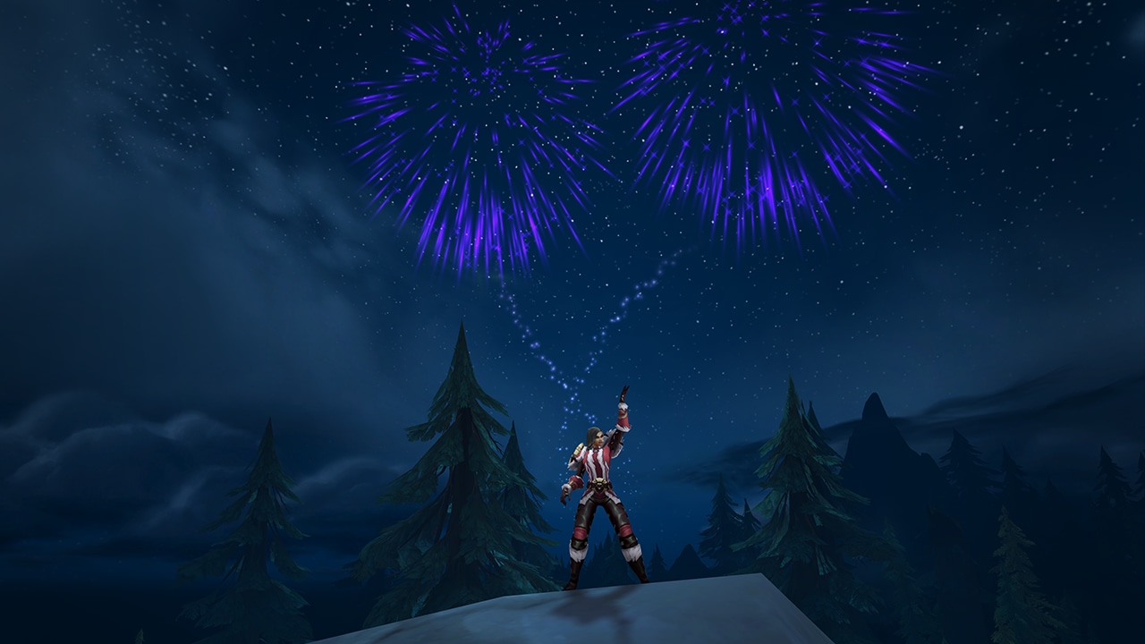 A female human shoots out the Perpetual Purple Fireworks into the night sky.